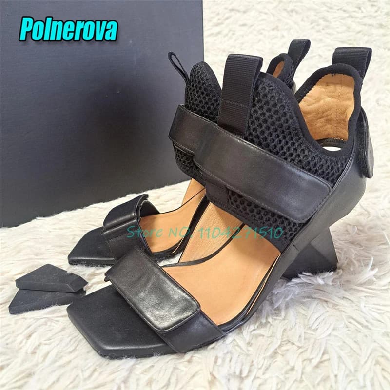 Square Toe Strange Style Women Sandals Mesh Cow Leather Patchwork 8CM High Heels Summer New Niche Design Velcro Sports Sandals