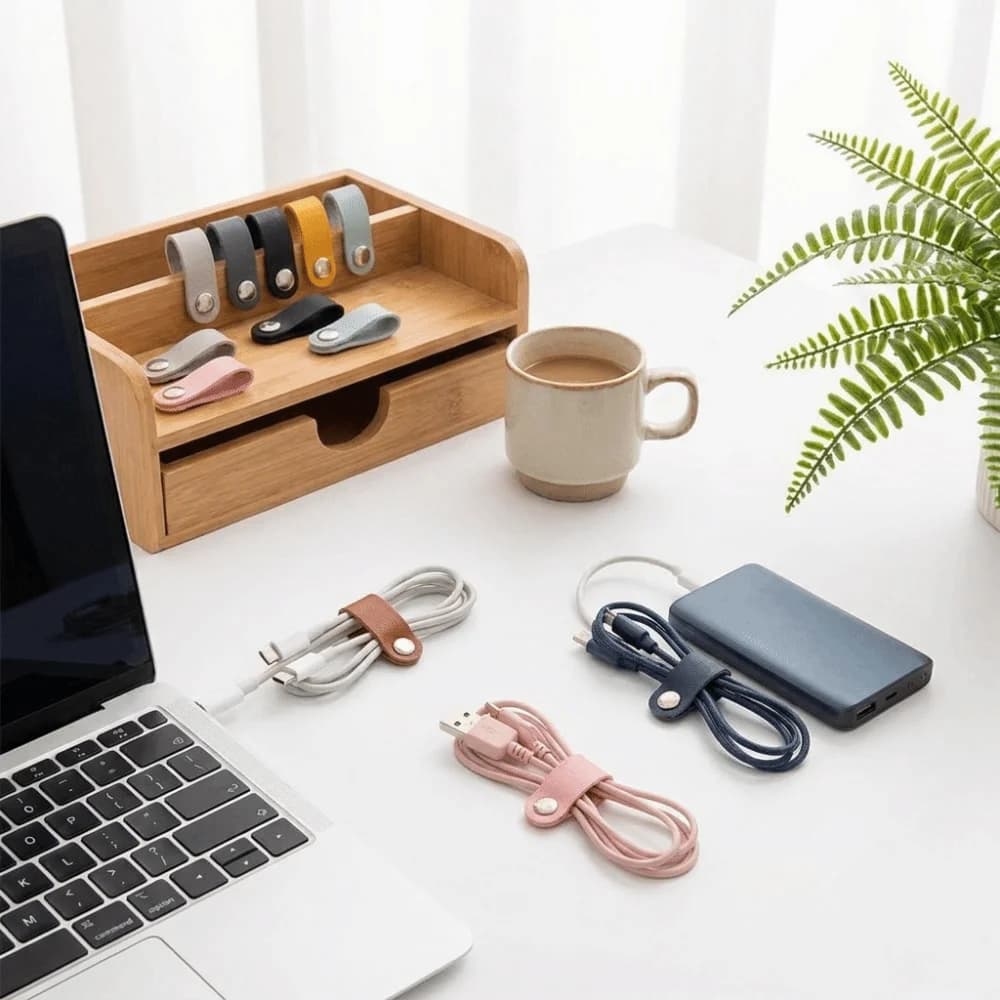 10Pcs Desktop Storage Cable Tie PU Leather Tangle-Free Cable Winder Cord Tidy Neat Organizer Cord Holder For Headphone Wires