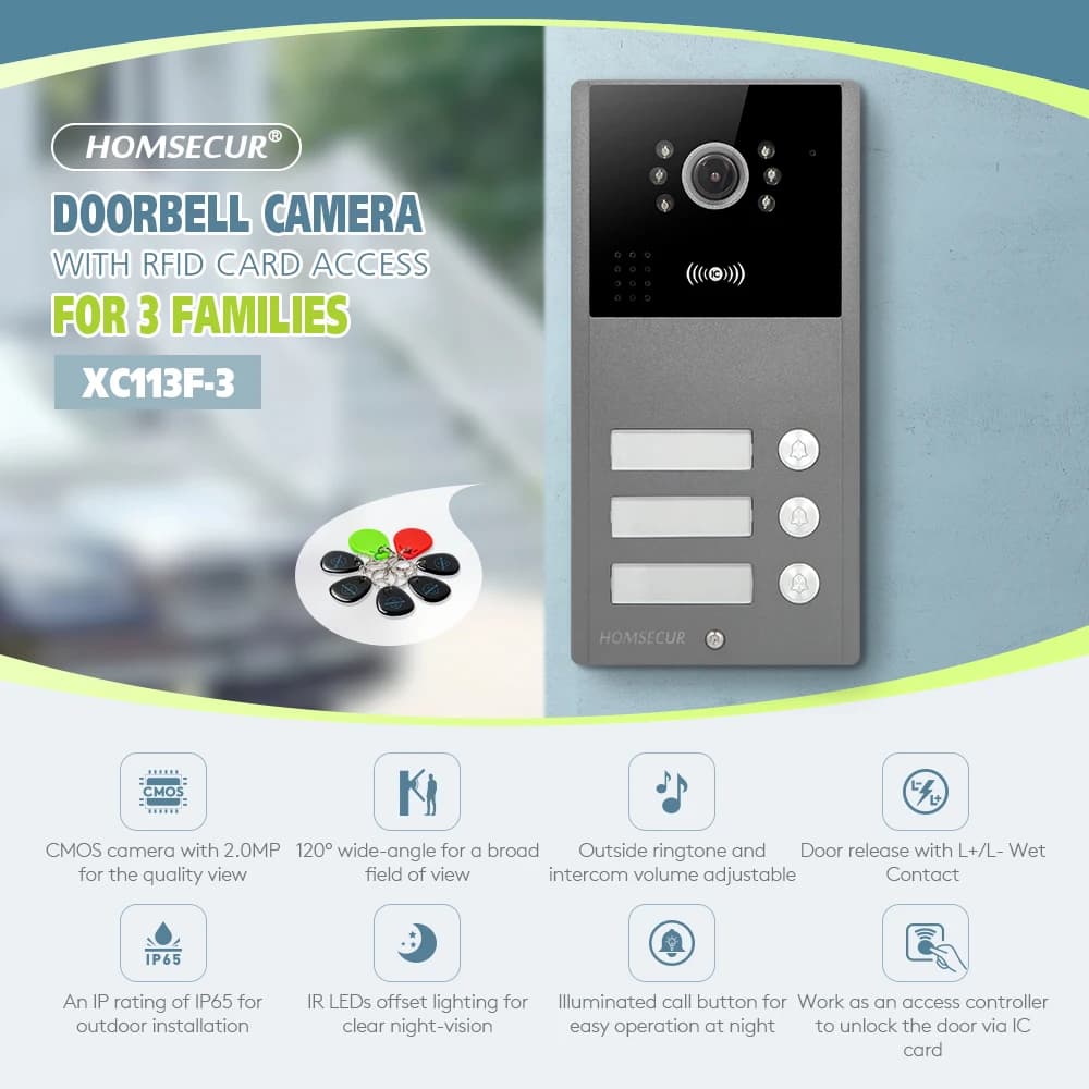5 pezzi IC 13,56 Mhz telecomandi + 4 fili XC113F-3 HD campanello telecamera IP65 per Tuya Smart WIFI videocitofono citofono di sicurezza 3 appartamenti
