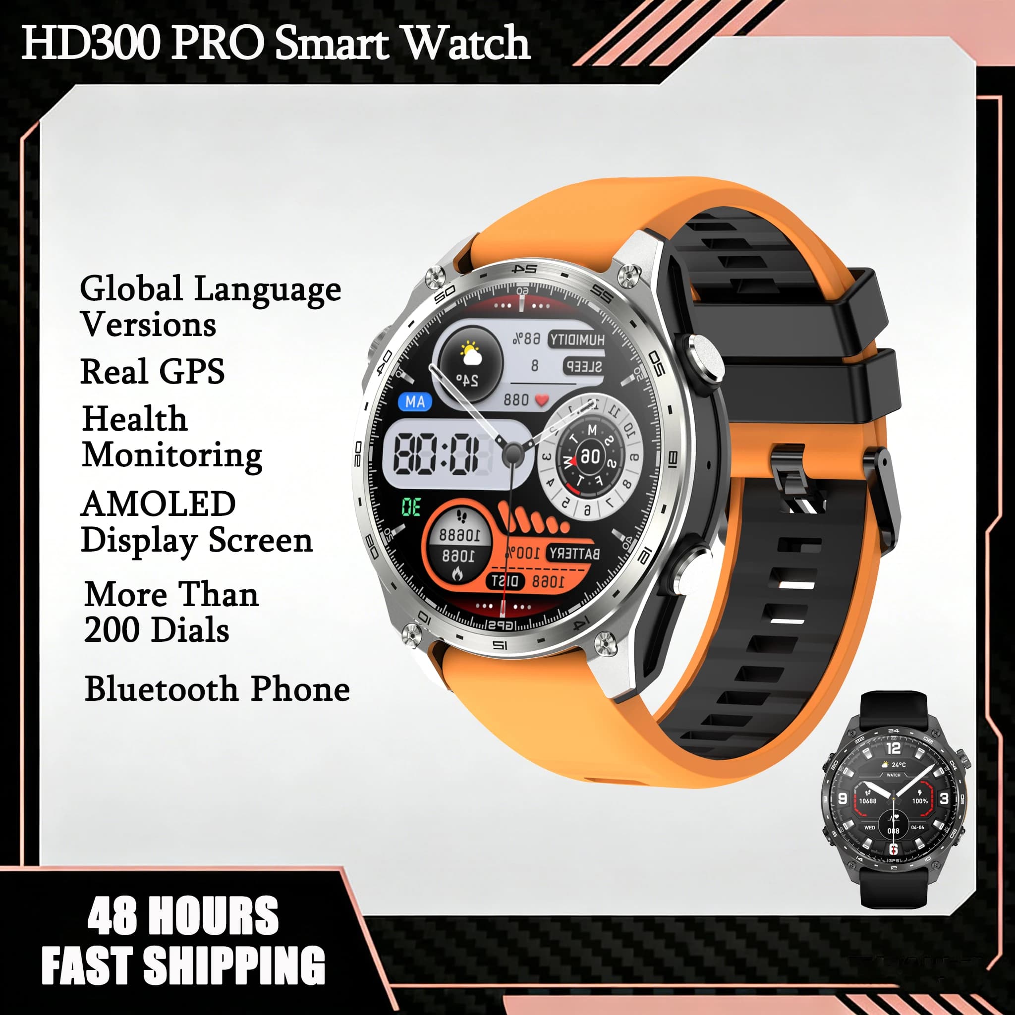 Smartwatch GPS HD300Pro per Attività all'Aperto, Orologio Sportivo con Mappa Offline, Chiamate Bluetooth 5.4, Impermeabile, Monitoraggio Salute, per Viaggi e Immersioni