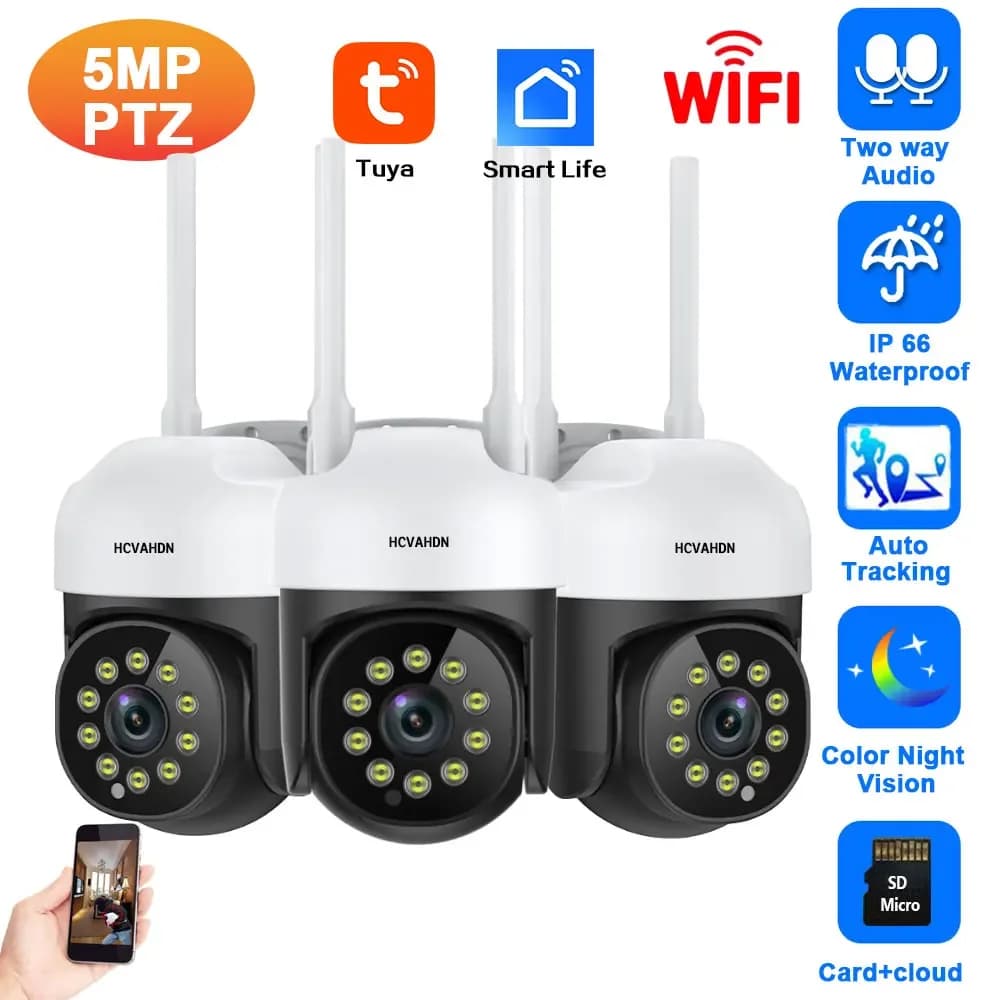 Tuya Smart Life 5MP Wifi CCTV Surveillance Camera System Color Night Vision Wireless PTZ IP Security Camera Set Auto Tracking