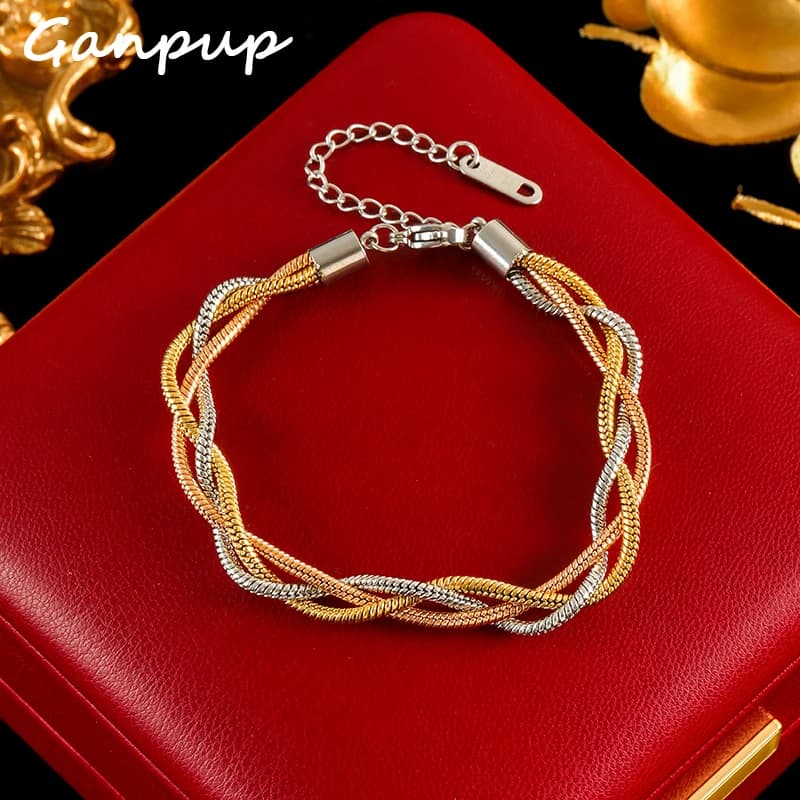 GANPUP 316L Stainless Steel Metal 3-Color Cross Twisted Bracelet Bangle For Women Trendy Wrist Chain Waterproof Jewelry Bijoux
