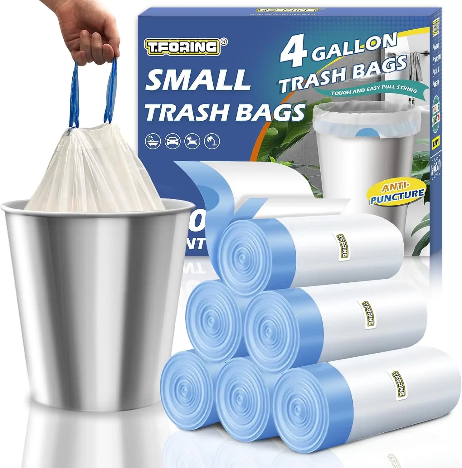 Small Trash Bags 4 Gallon Drawstring,1.1 Mil,Unscented,120 Count | Tear-Free,Leakproof,Strong Garbage Can Liners,White,Fit 12 - 15 Liter Waste Bins,for Home Bathroom Office Car Everyday Use