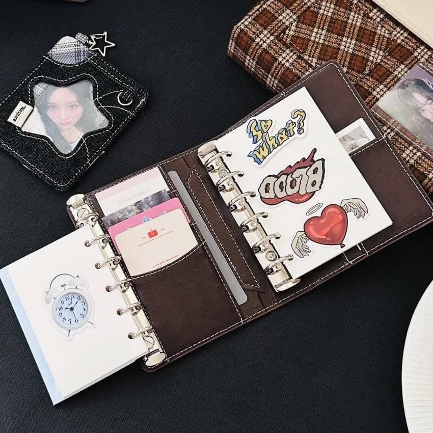 Agenda in Pelle PU Marrone Scuro A7 con Doppio Anello, Taccuino Ricaricabile, Diario da Viaggio, Regalo Premium