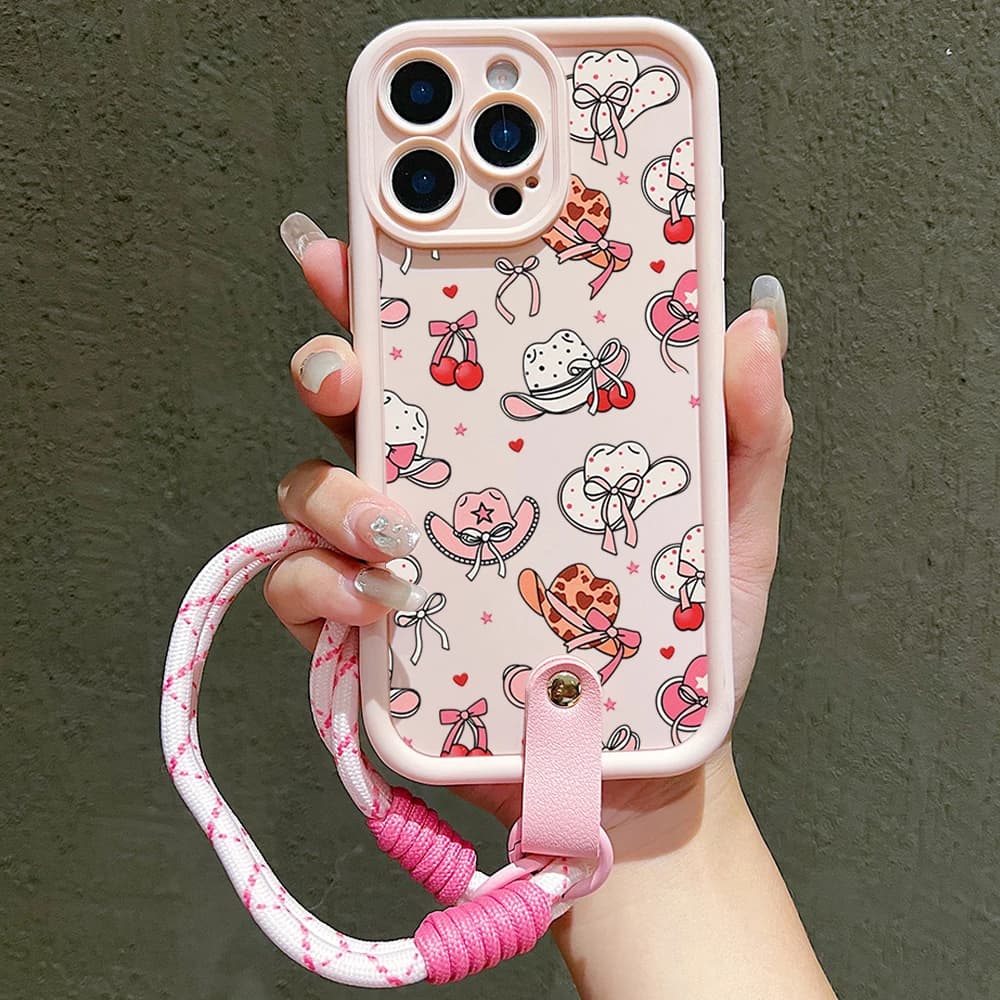 Cowboy Hat Cherry Pattern Hand Strap Lanyard Phone Case For iPhone 17 16 15 14 13 12 11 Pro Max Plus 17 Air XS X XR Soft Cover
