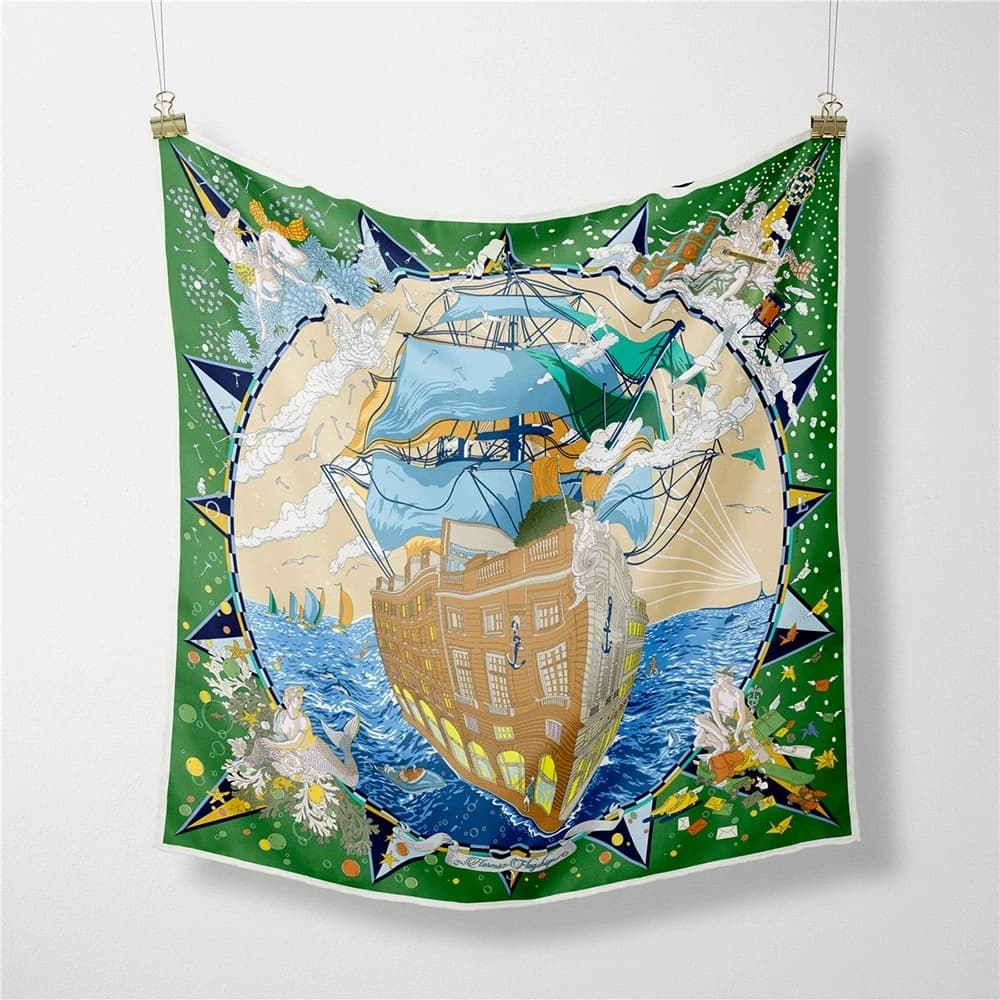 French 53cm New Dream Sailboat Women Twill Silk Scarf Versatile Decorative Square Necktie Small Scarf