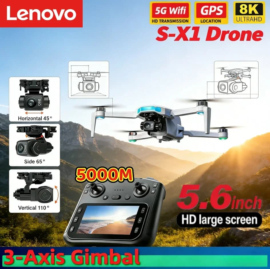 Drone Lenovo GPS S-X1 con Gimbal a Tre Assi, Fotocamera HD Professionale 8K, WIFI 5G, Brushless, FPV, Evitamento Ostacoli, Quadricottero