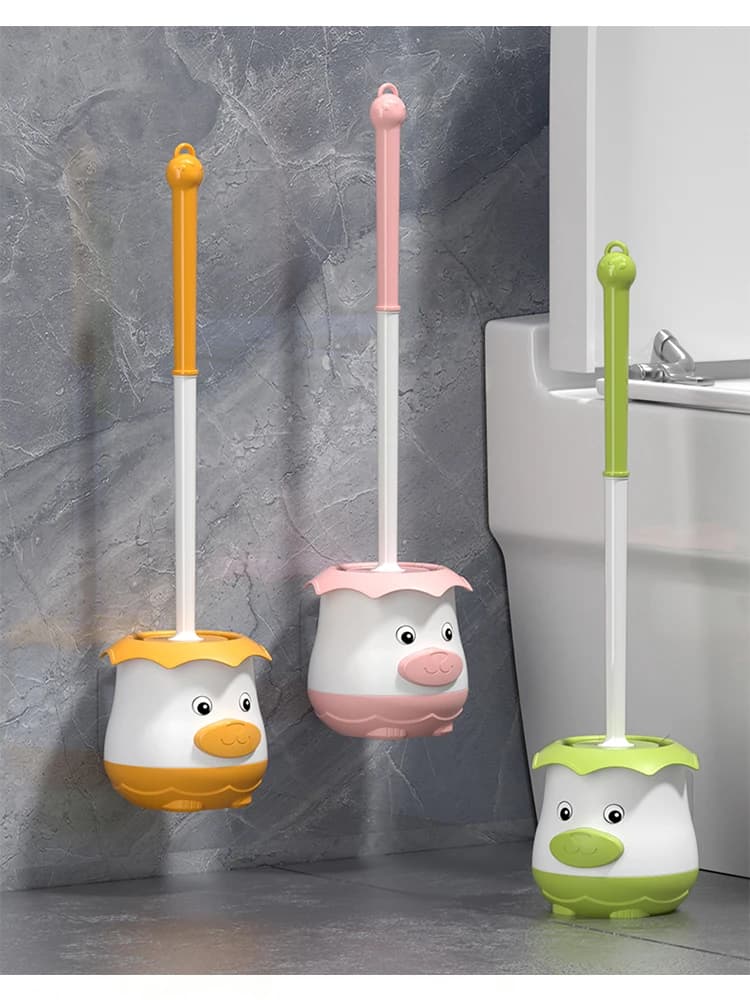 Cute Cartoon Bear Wall-Mounted Toilet Brush Set, Punch-Free Long-Handle Bathroom Cleaning Brush with Holder for Household Use