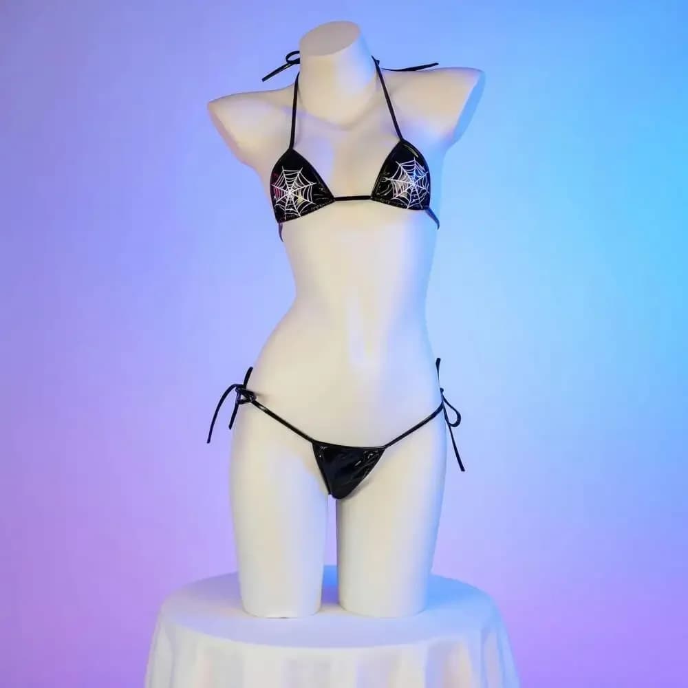 Women Spider Web Print 2 Piece Bikini Swimsuit Faux Leather Anime Game Cosplay Outfit Halloween Beach Pool Party Costume