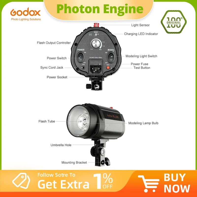 Godox 200W Monolight Fotografia Studio fotografico Strobe Flash Light Head (Mini Studio Flash)