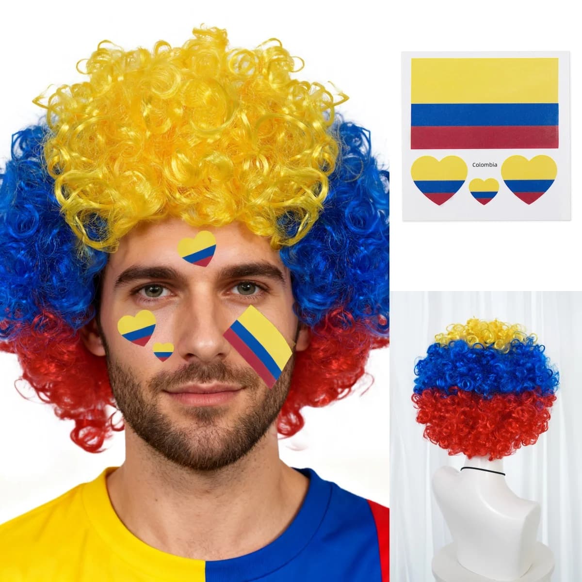 Parrucca Afro Ricci Gialla Blu Rossa Colombia con Adesivi a Cuore per Tifosi di Calcio, Feste Sportive, Cosplay - Parrucca Sintetica