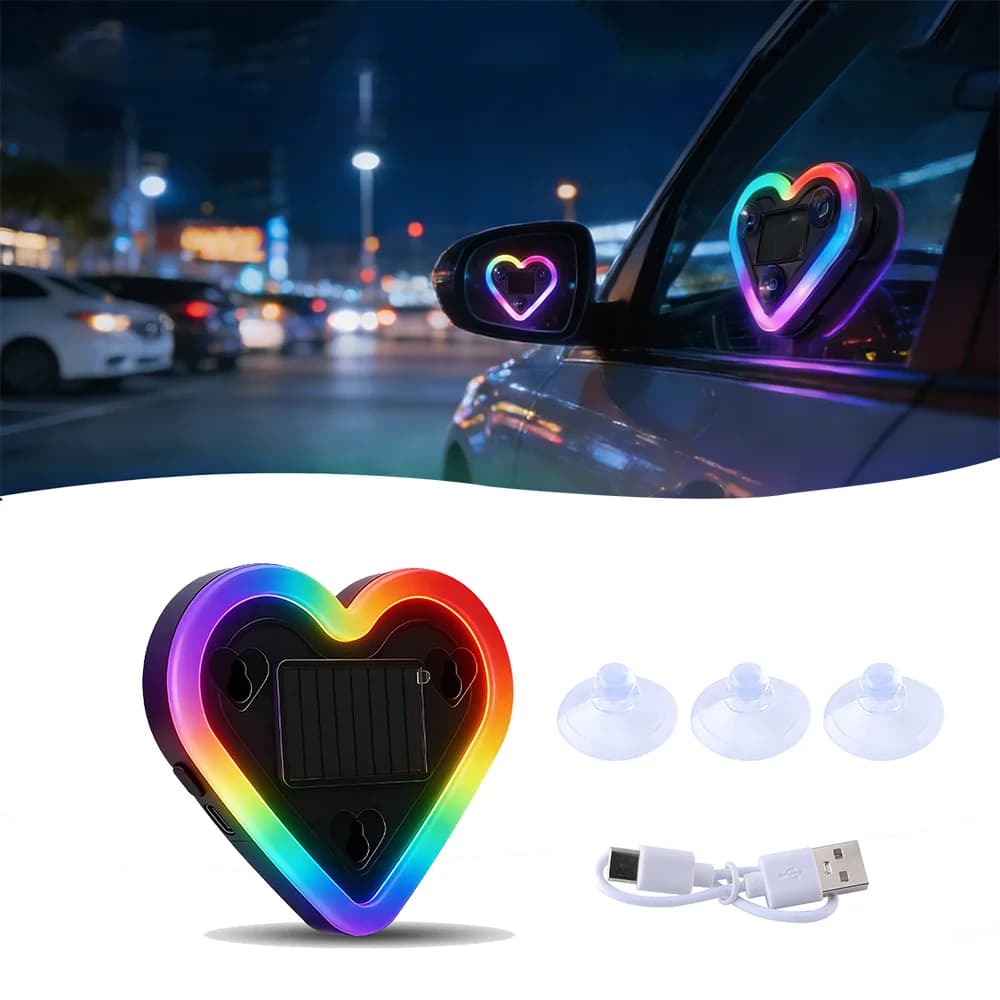 Luce ambientale per auto RGB ad energia solare Illuminazione per atmosfera al neon a LED dinamica a forma di cuore Decorazione per finestre automatiche con ventosa