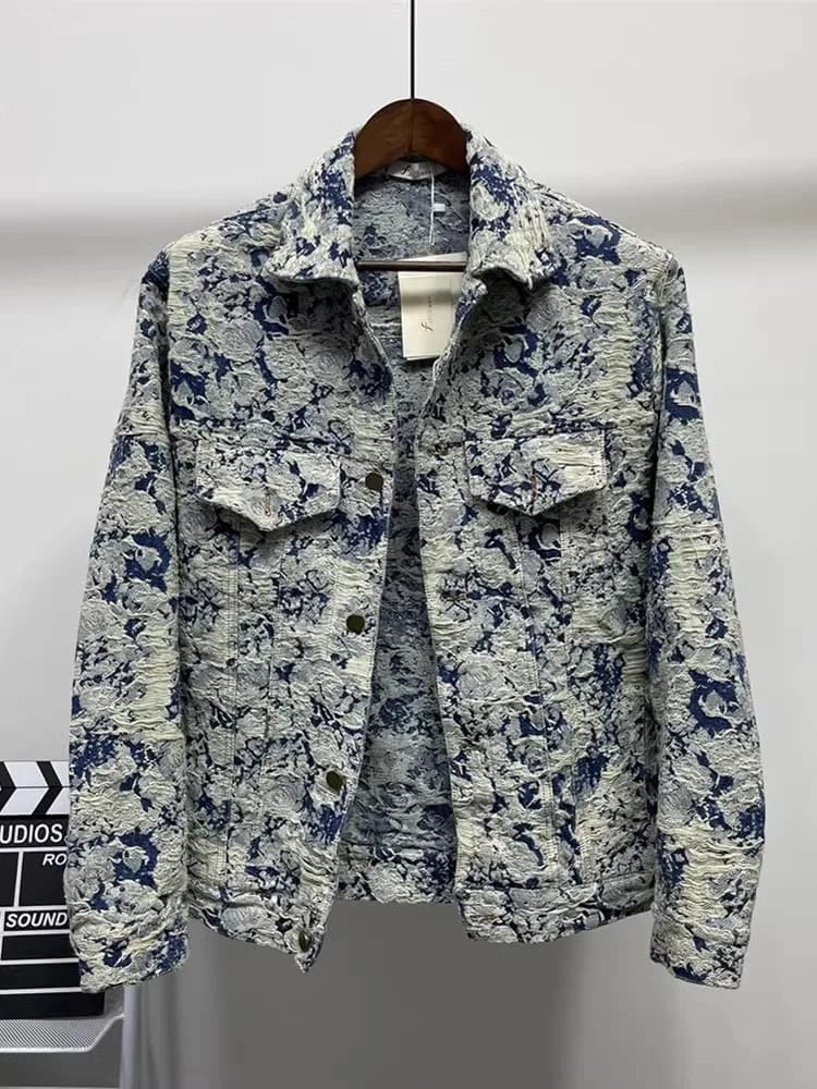 New Floral Embroidery Washed Denim Jacket Men's Loose Tassel Dark Patterned Spring Autumn Winter Outerwear Anti-Wind Long Sleeve