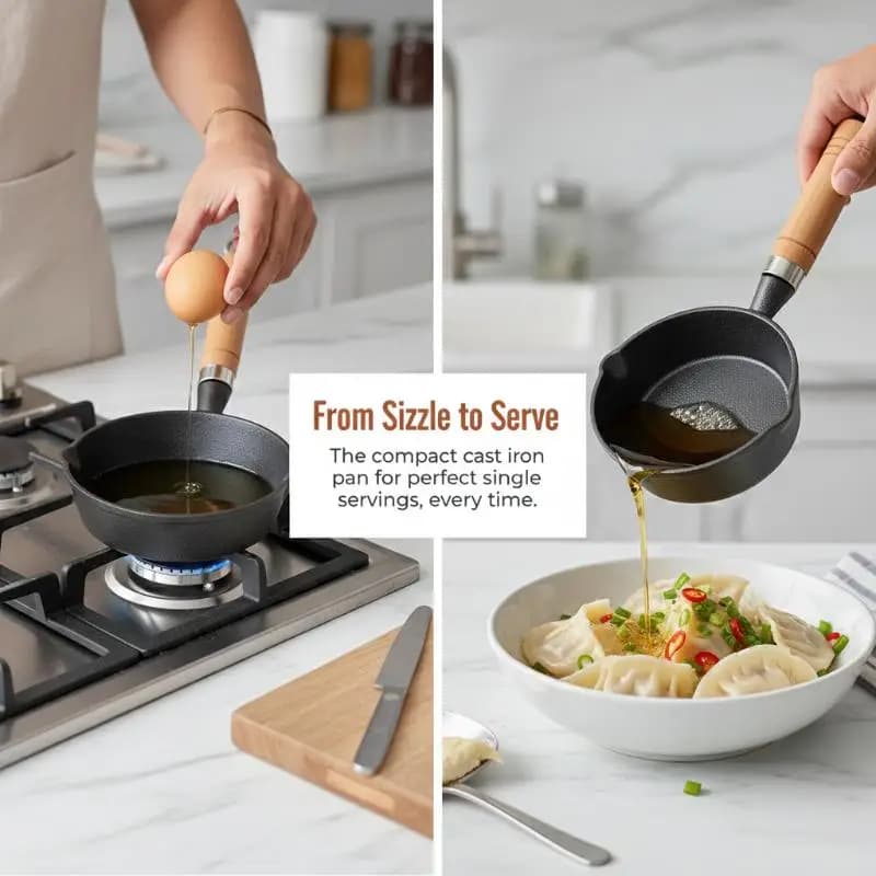 Thickened Cast Iron Mini Egg Frying Pan 8/10cm Mini Cooking Pot Uncoated Double Drip-Spouts Wooden Handle Non Stick Frying Pan