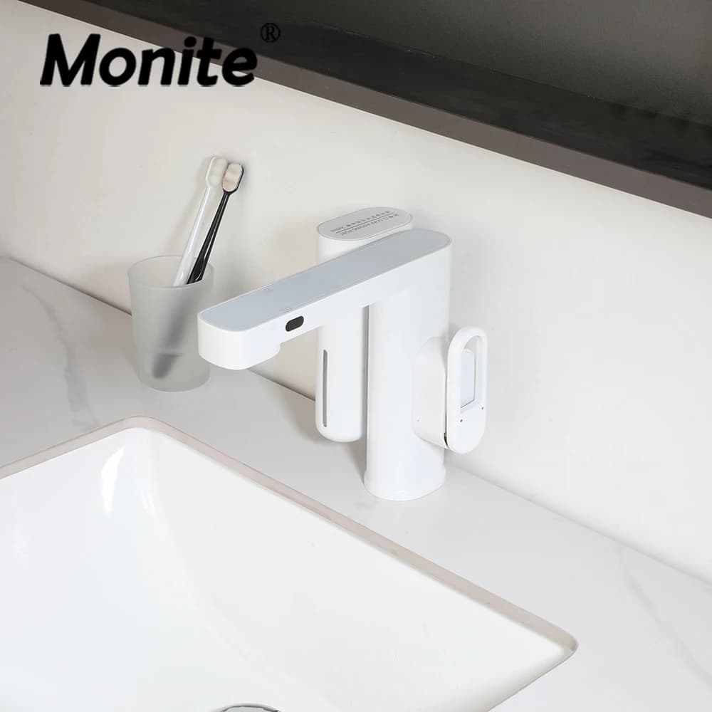 Rubinetto con sensore Monite con dispenser di sapone in schiuma Rubinetti per lavabo da bagno Montaggio su piano Rubinetto miscelatore con uscita acqua calda fredda senza tocco