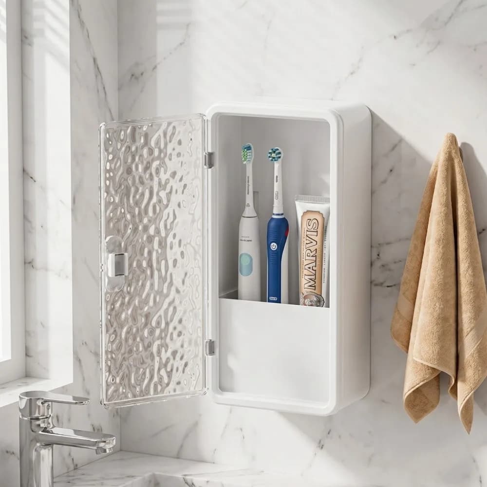 Portaspazzolini Senza Foratura, Scatola Portaoggetti Multifunzionale da Parete, Porta Pennelli da Trucco Rimovibile, Scaffale in Plastica per Bagno