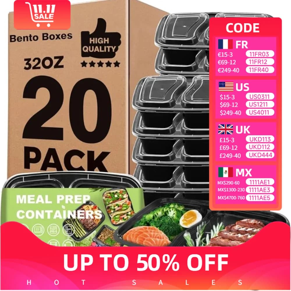 Scatola per il pranzo da asporto da 20 pezzi con coperchio a 2 tascheScatola per il pranzo da viaggioScatola Bento usa e gettaScatola per microonde/lavastoviglie/congelatore