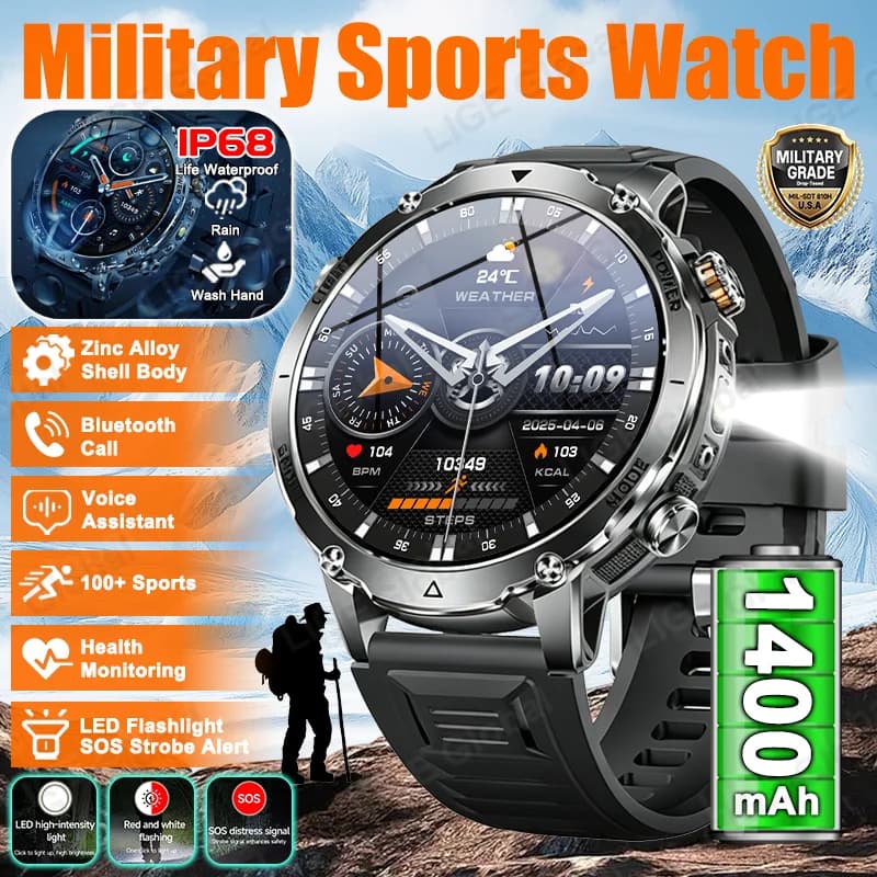 LIGE 2026 Nuovo Smartwatch Militare TANK Ultra con Batteria da 1400mAh, Impermeabile IP68, Cardiofrequenzimetro, Torcia Tattica, Braccialetto Sportivo da Uomo
