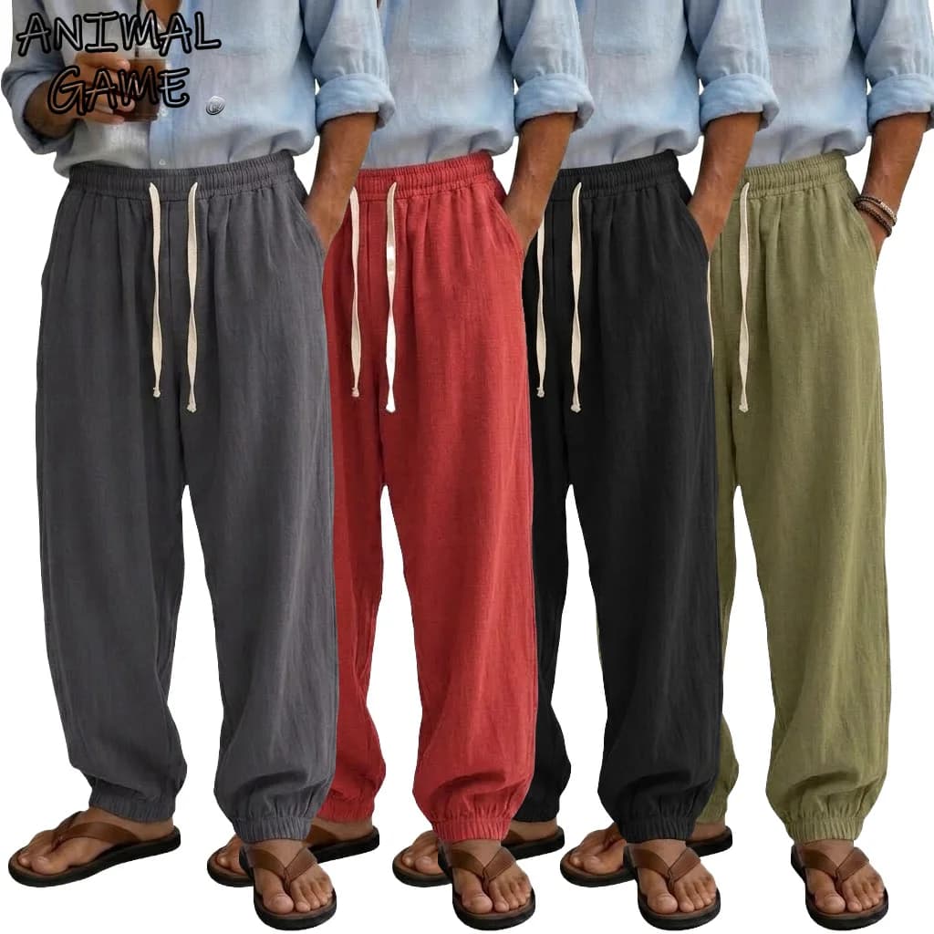Men's Casual Cotton Pants Loose Baggy Fit Elastic Drawstring Trousers Lightweight Jogger Linen Pants Sport Sweatpants Work Pants