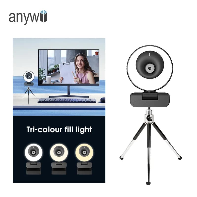 Anywii Wholesale Webcam Factory 720p 1080p 2k Full Hd Webcam Fill light function Webcam with ring light
