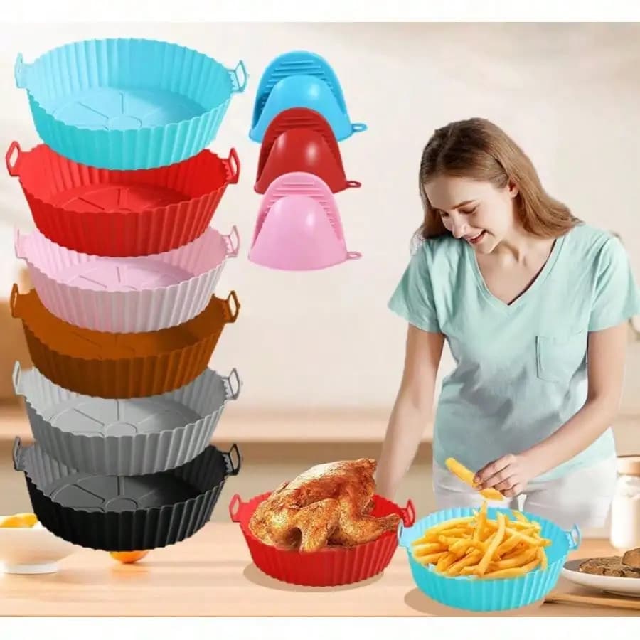 1PC Silicone Air Fryer Liners, Thickened Non-Stick Reusable Baking Mats, Heat Resistant & Dishwasher Friendly, Easy Clean Oil Proof Liners For Air Fryer Baking, Versatile Cooking Accessory, Grey / Light Blue / Pink