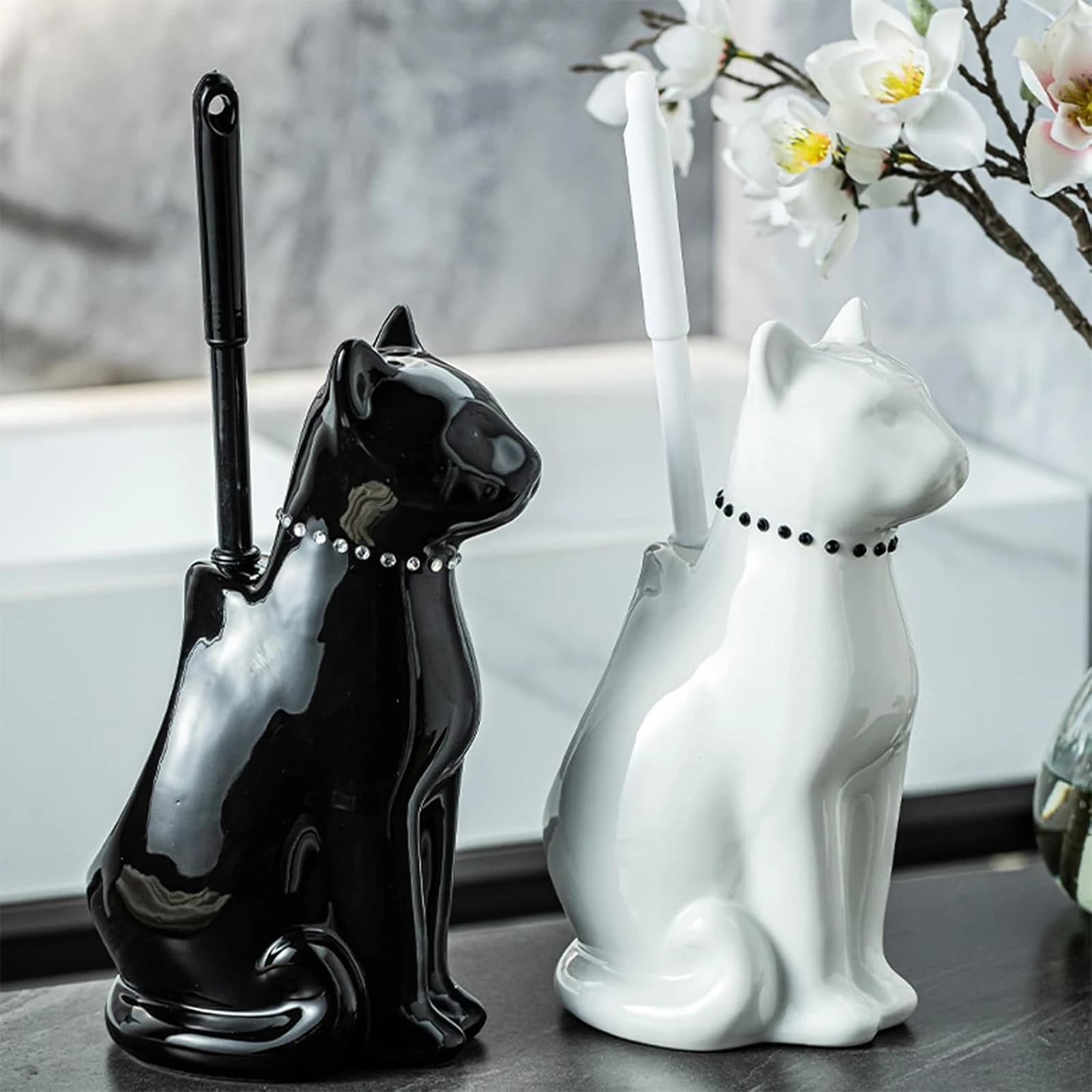 Long Handle Toilet Brush with Ceramic Cats Holder Easy-Clean Home Bathroom Cleaning Brush Bathroom Accessory & Cleaning Storage