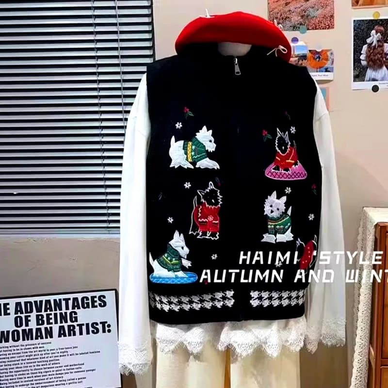 Autumn Winter Vest Sweaters Tops Cartoon 3D Embroidery Pullovers Sleeveless Cute Preppy Young Ladies Knitted Vest Sweaters NZ119