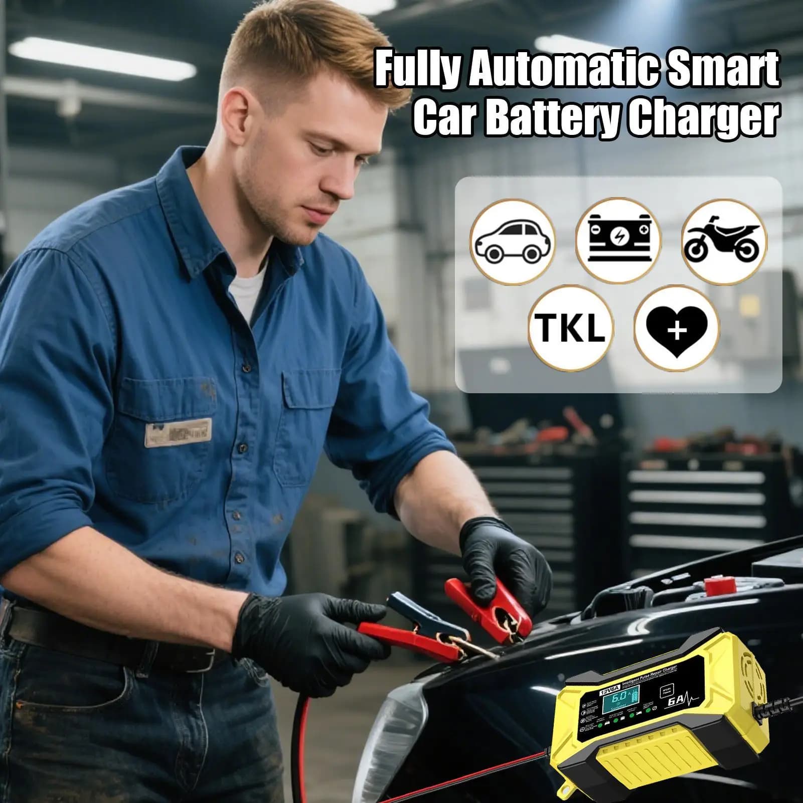 Avviatore di emergenza per batteria per auto Caricabatteria portatile intelligente da 12 V Elettronica automatica con display LCD e compensazione della temperatura per