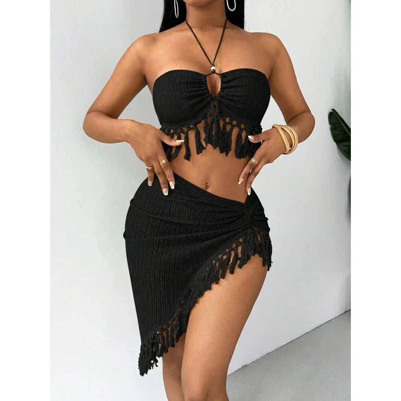 Costume da bagno sexy con nappe da donna 2026, set bikini 2 pezzi con top all'americana e gonna a spacco alto, abbigliamento da spiaggia
