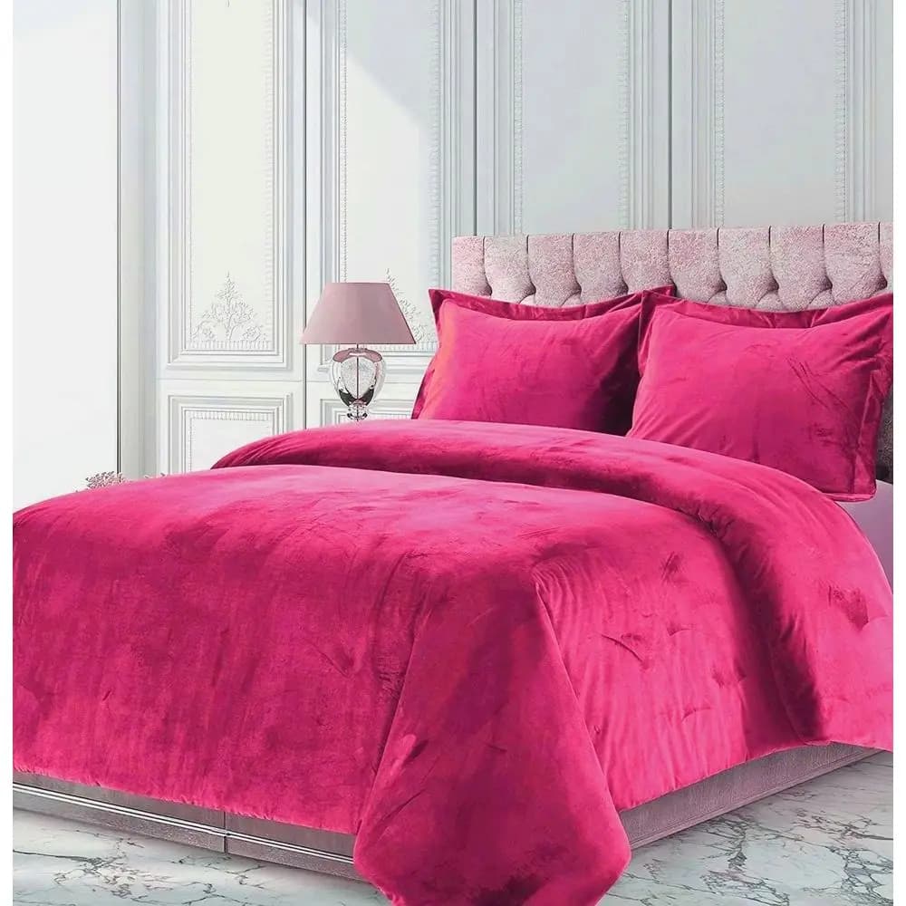California King Size 3-Piece Velvet Duvet Cover Set with 2 Pillowcases in Hot Pink, 600 GSM