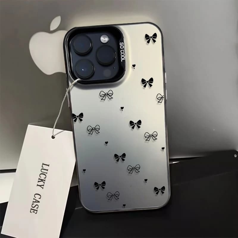 Custodia Minimalista Nera con Fiocco per iPhone 17 Air 16 15 14 11 Pro 13 12 Mini XR 8 7, Cover Rigida Opaca Antiurto con Bumper Laser