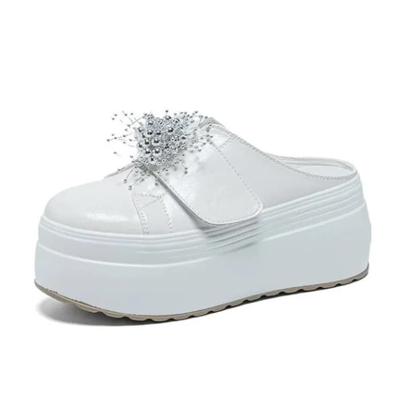 8cm Platform Genuine Leather Slippers for Women Summer Shoes Comfortable Sneakers Glitter Rhinestone Fashion Beach Shoes Mules
