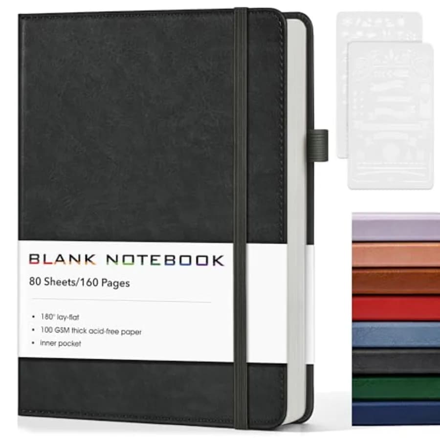 Journal Notebook, A5 Leather Hardcover Blank Sketchbook, 160 Pages, 180° Lay-Flat Binding, 100 GSM Thick Paper, for Sketching,
