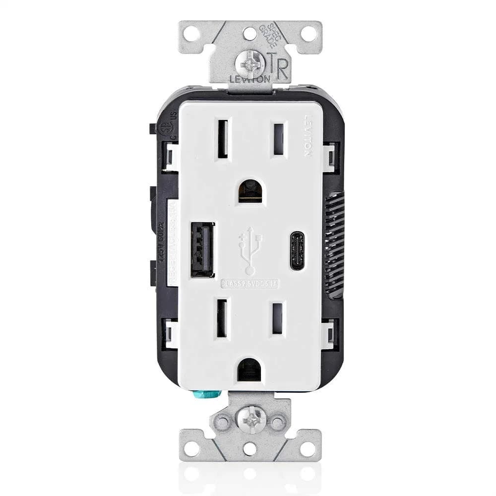 USB In-Wall Charger with 15A Tamper-Resistant Outlet, Type A & Type-C, 5.1A/25W+, for Smartphones and Tablets, White