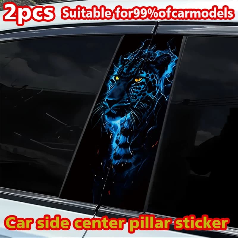 2 adesivi per montante B per auto, adesivi personalizzati resistenti ai graffi con testa di leopardo Blue Flame Leopard Head