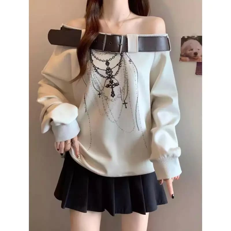 Women's Long Sleeved Hoodie Single Shoulder Subculture Autumn New with Belt Print Top loose casual cool Girl Trendy
