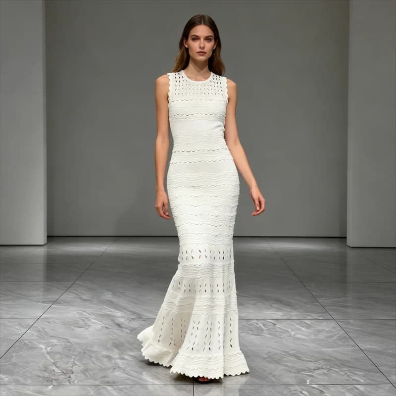 French High Quality Women's Hydrangea Crochet High Elastic Wave Cut Hollow Round Neck Sleeveless Knitted Vest Long Dress