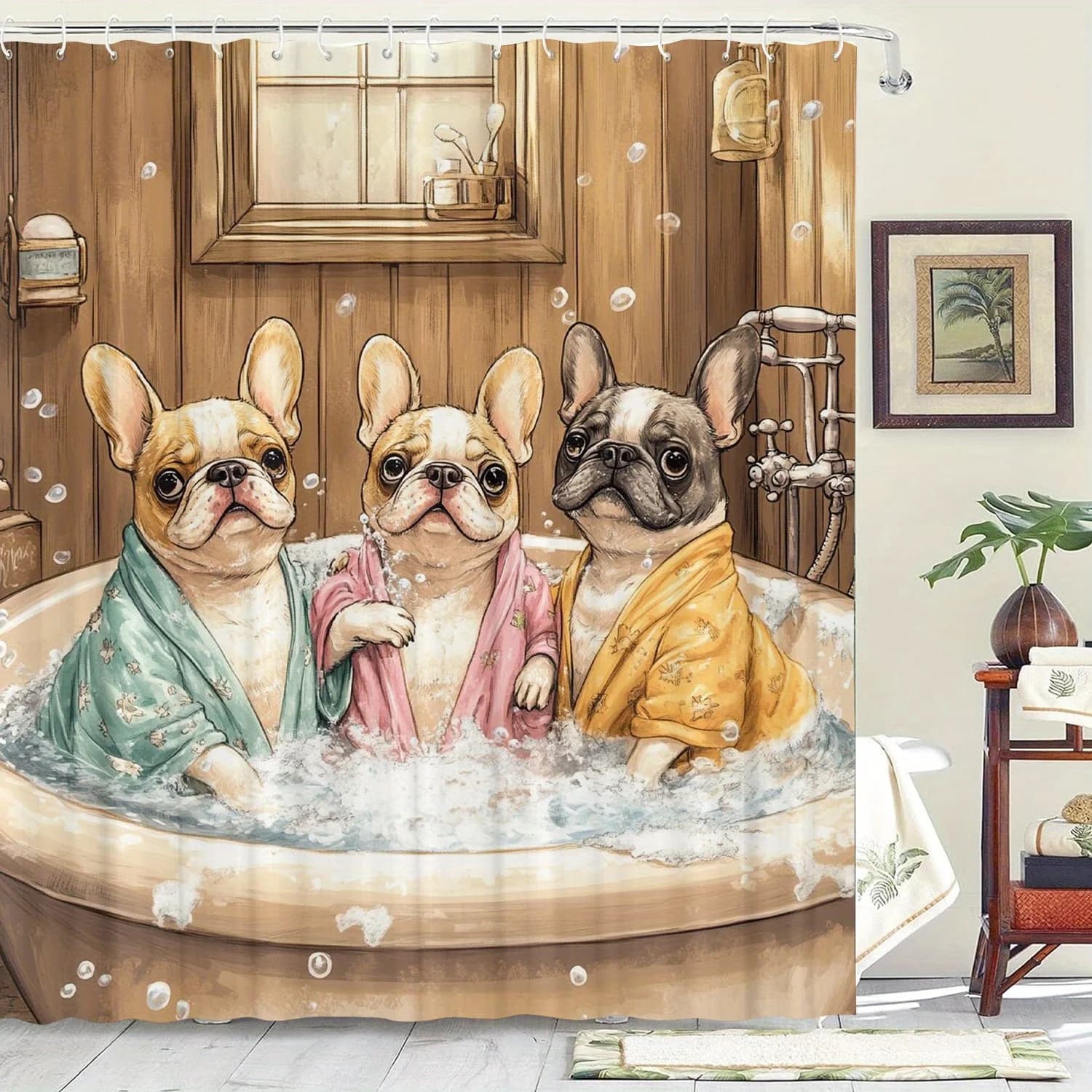 Cute French Bulldog Shower Curtain, Dog Bath Time Waterproof Fabric Bath Curtain, Pet Lover Bathroom Decor Art