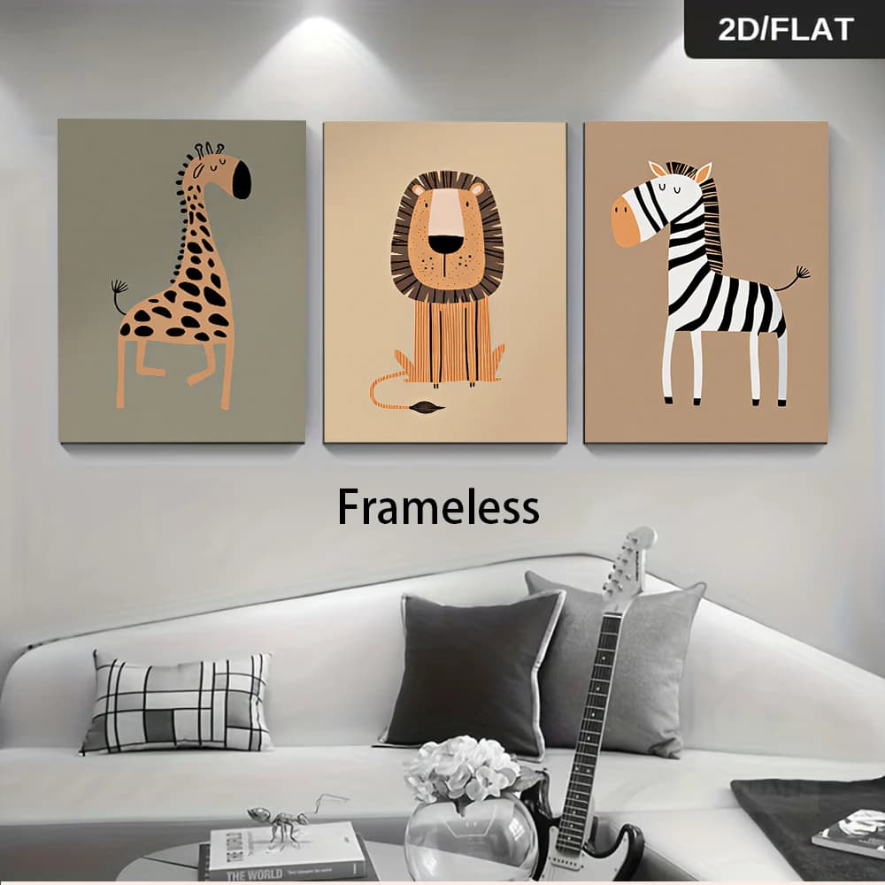 1 set of animal triptych frameless decorative paintings, giraffe, lion, zebra cartoon illustrations, 2D plan