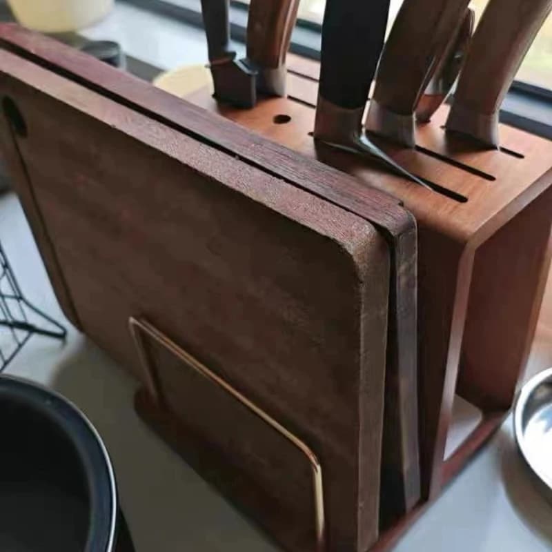 Solid Wood Knife Block with Cutting Board Holder, Multi-Function Kitchen Counter Rack for Chef Knives Slicers & Utensils