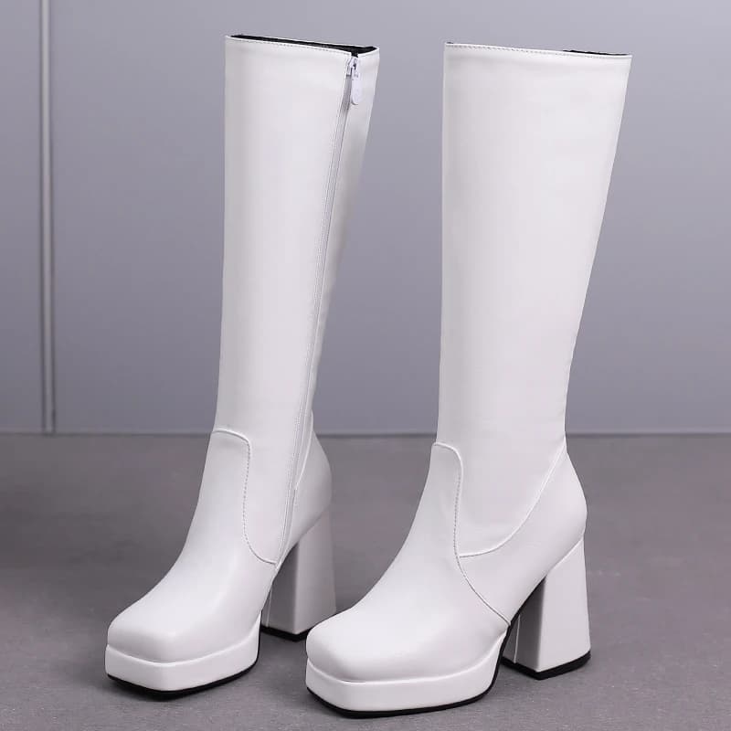 Stivali alti al ginocchio bianchi Piattaforma da donna 2025 Cerniera sexy Tacchi alti spessi Stivale lungo nero Autunno Inverno Scarpe di grandi dimensioni 44 48