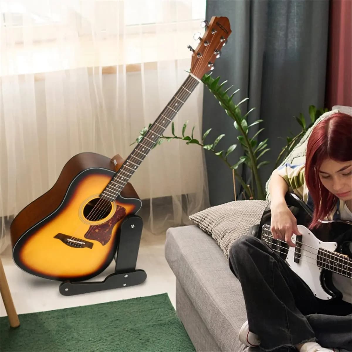 Puntual - Supporto per chitarra da pavimento in legno con cuscinetto in silicone antigraffio per chitarre elettriche acustiche Banjos & Ukulele