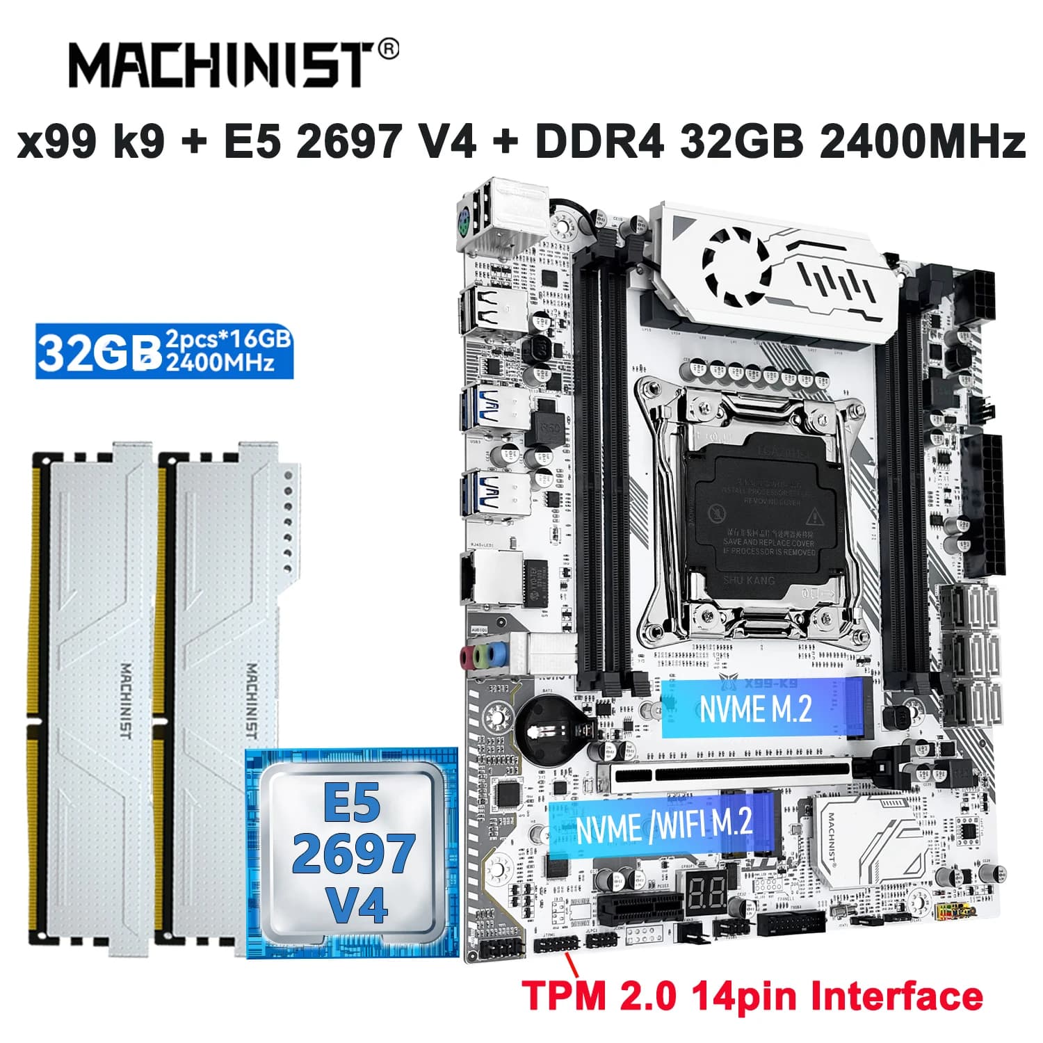 Kit Scheda Madre MACHINIST K9 TPM X99 LGA 2011-3 con Processore Intel Xeon E5 2697 V4, Memoria RAM DDR4 2*16GB ECC 2400MHz