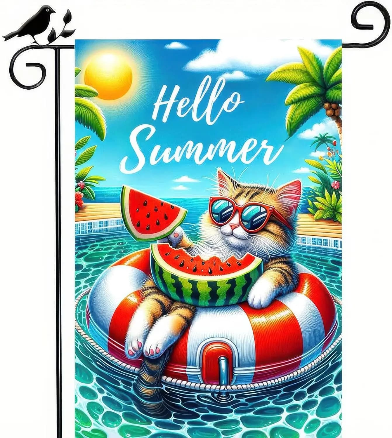 Hello Summer Pool Cat Garden Flag Decorative Watermelon Swim Ring Yard Outside Home Decoration Tropical Palm Tree Seasonal O UUN