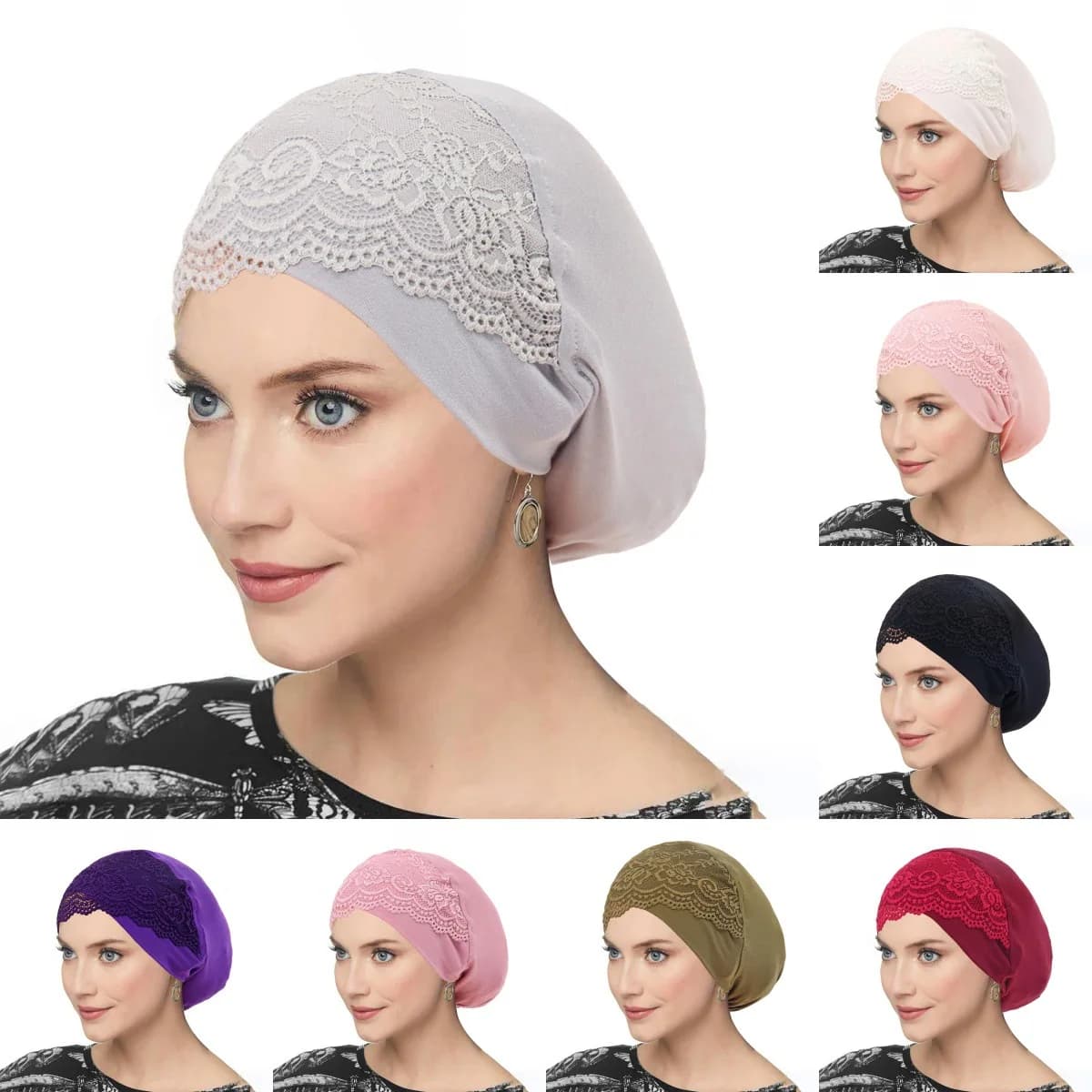Testa Croce Interno Hijab Sottopelo con Merletto Turbante Musulmano Islam Sottoscocca Cofano Morbido Elastico HIjab Tubo Cap Turbante