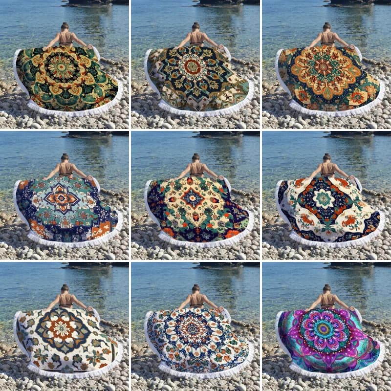 100/150/180cm Boho Geometric Round Tassel Beach Towel Microfiber Quick Dry Absorbent Sand Proof Mat Yoga Camping Picnic Blanket