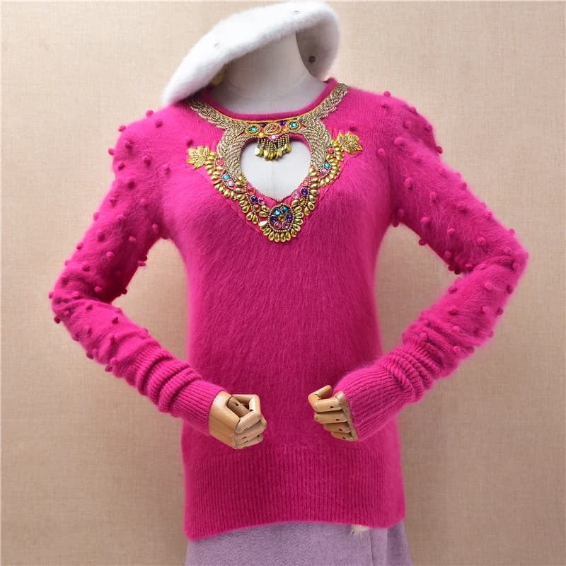 Women Mujer Vintage Beading Crochet Angora Rabbit Hair Knitted O-Neck Long Sleeves Slim Blouses Pullover Sweater Jumper Pull Top