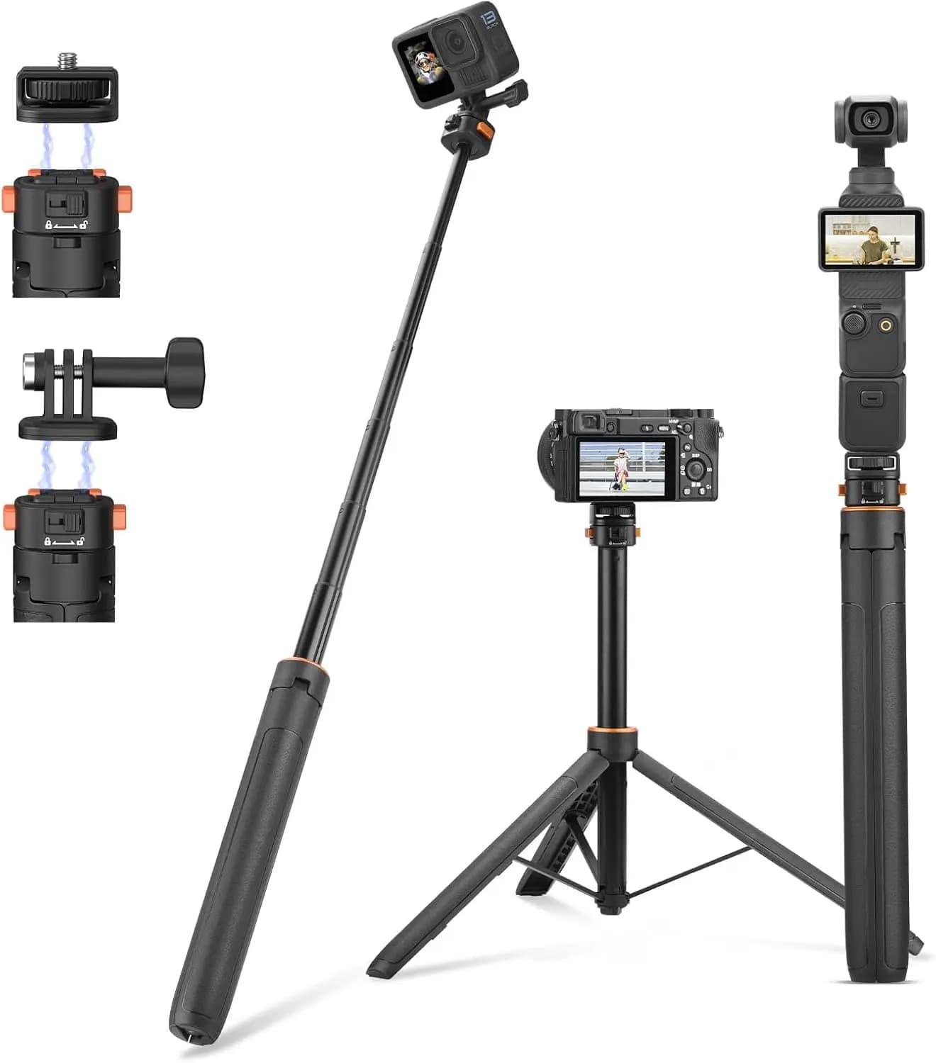 Treppiede per selfie stick allungabile da 64 pollici per GoPro, DJI Osmo Pocket 3, Insta360 X4/X3/X2, AKASO - Vite Vlog Stan da 1/4'' a sgancio rapido