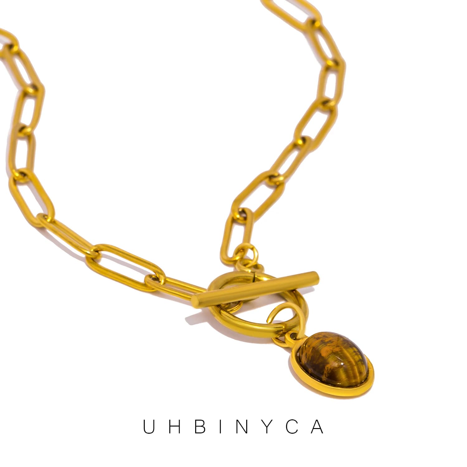 UHBINYCA Trendy Natural Tiger Wye Stone Pendant Necklace for Women 18K PVD Plated Chain Stainless Steel Fashion Jewelry Gift