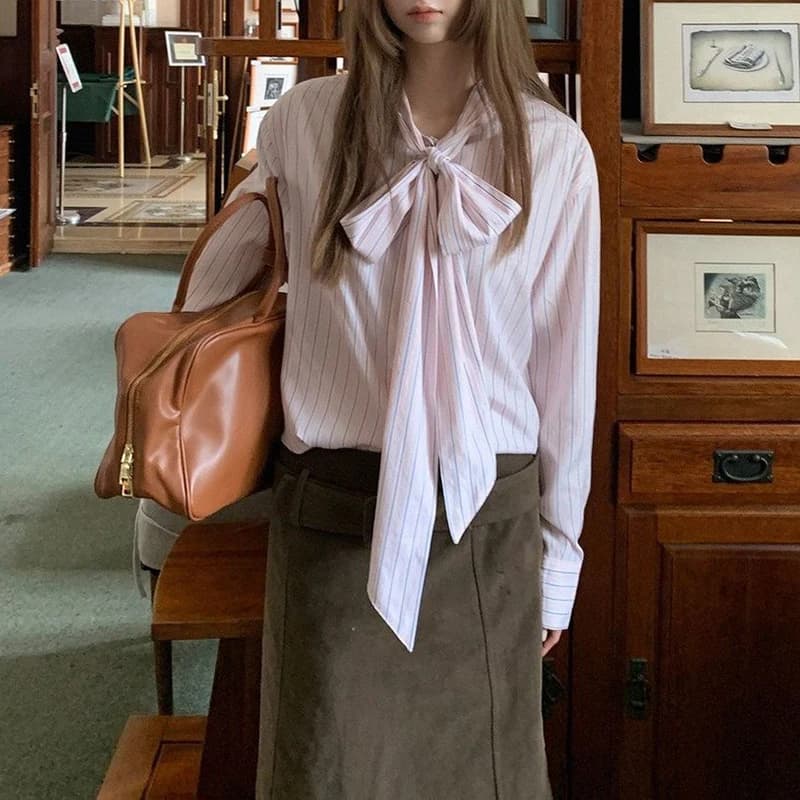 MEXZT Pink Striped Shirts Women Fashion Elegant Lace Up Long Sleeve Blouses Ladies Streetwear Korean Patchwork Casual Tops New